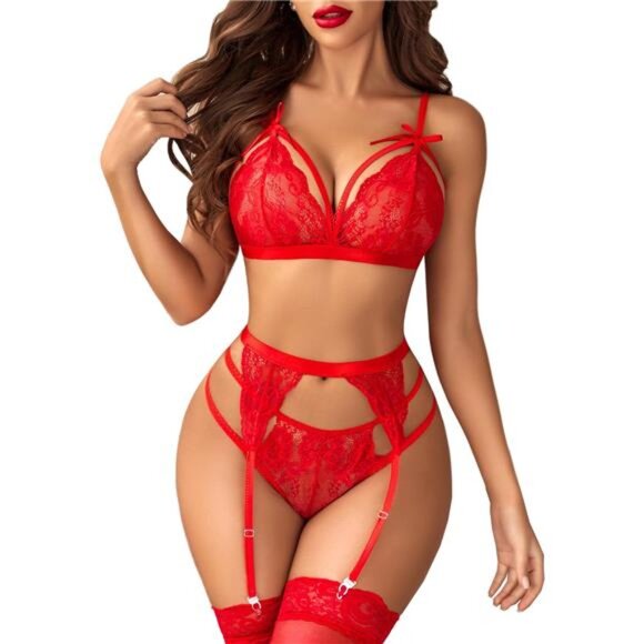 Lingerie Set Lace Teddy Strap Babydoll Bodysuit with Garter Belts